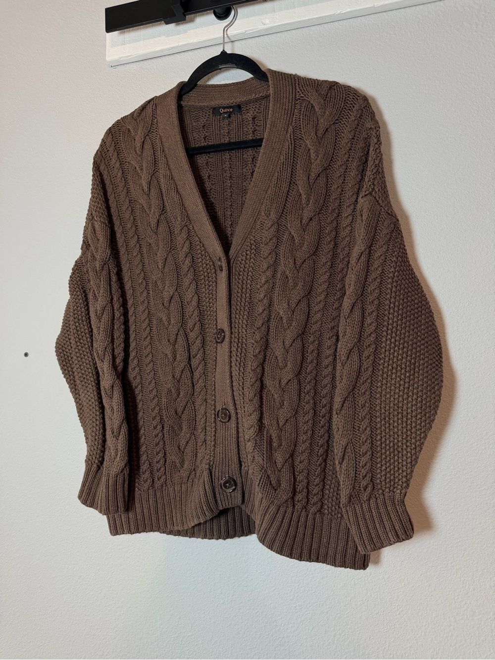 Quince 100% Organic Cotton Oversized Cable Cardigan Sweater Small Heather Brown - Picture 4 of 9